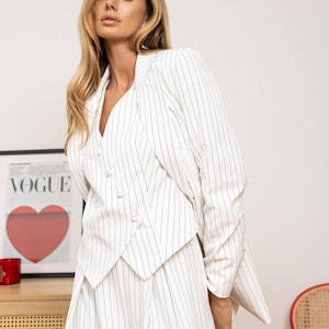 Costume 3 pièces blanc, costume rayé tendance pour femme, veste, gilet et pantalon, tailleur pantalon habillé