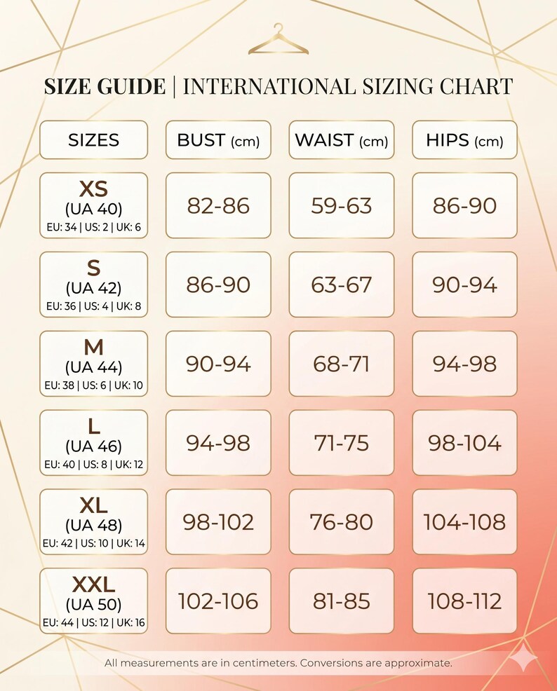 Puede incluir: Una tabla de gu&iacute;a de tallas internacional con un icono de percha en la parte superior. La tabla enumera tallas de XS a XXL con medidas de busto, cintura y cadera en cent&iacute;metros, incluyendo conversiones de tallas UA, EU, US y UK por fila.