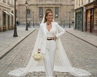 White suit women for civil wedding ceremony and minimalist bridal reception style
