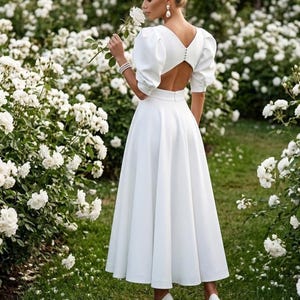 long sleeve white midi dress bridal Wedding Dress White Crew Neck Lace Midi Long Sleeve Dress-chiclody, White  US2