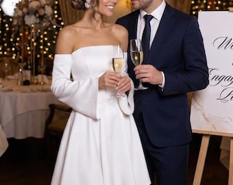 Short Bridal shower dress white satin mini gown modern civil ceremony reception outfit