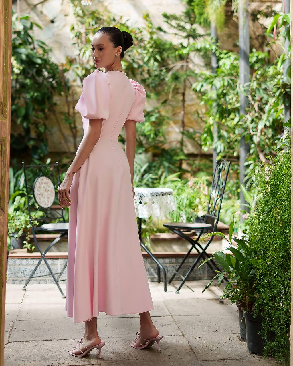 Pink Wedding Guest Dress Puff Sleeve Midi Dress in Elegant