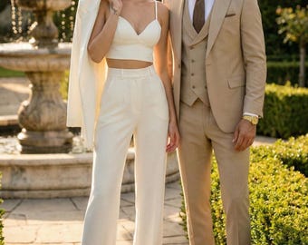 Stylish Women's Three-Piece Suit – Classic White Blazer, Fitted Top & Wide-Leg Pants for Chic Outfits