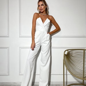 Elegant White Bridal Jumpsuit with Wide Legs | Corset Jumpsuit for Wedding, Engagement, and Parties