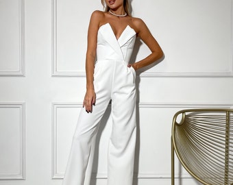 Eleganter weißer Brautoverall mit weitem Beinausschnitt Korsett-Jumpsuit für Hochzeit, Verlobung und Parties