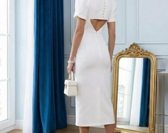 Civil Wedding Dress For Bride Milky White Formal Gown Open Back, Rehearshal Dinner,Reception