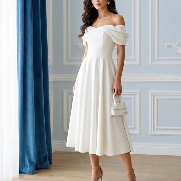 Witte midi-jurk van crêpe met off-shoulder: elegante jurk voor bruiloftsgast