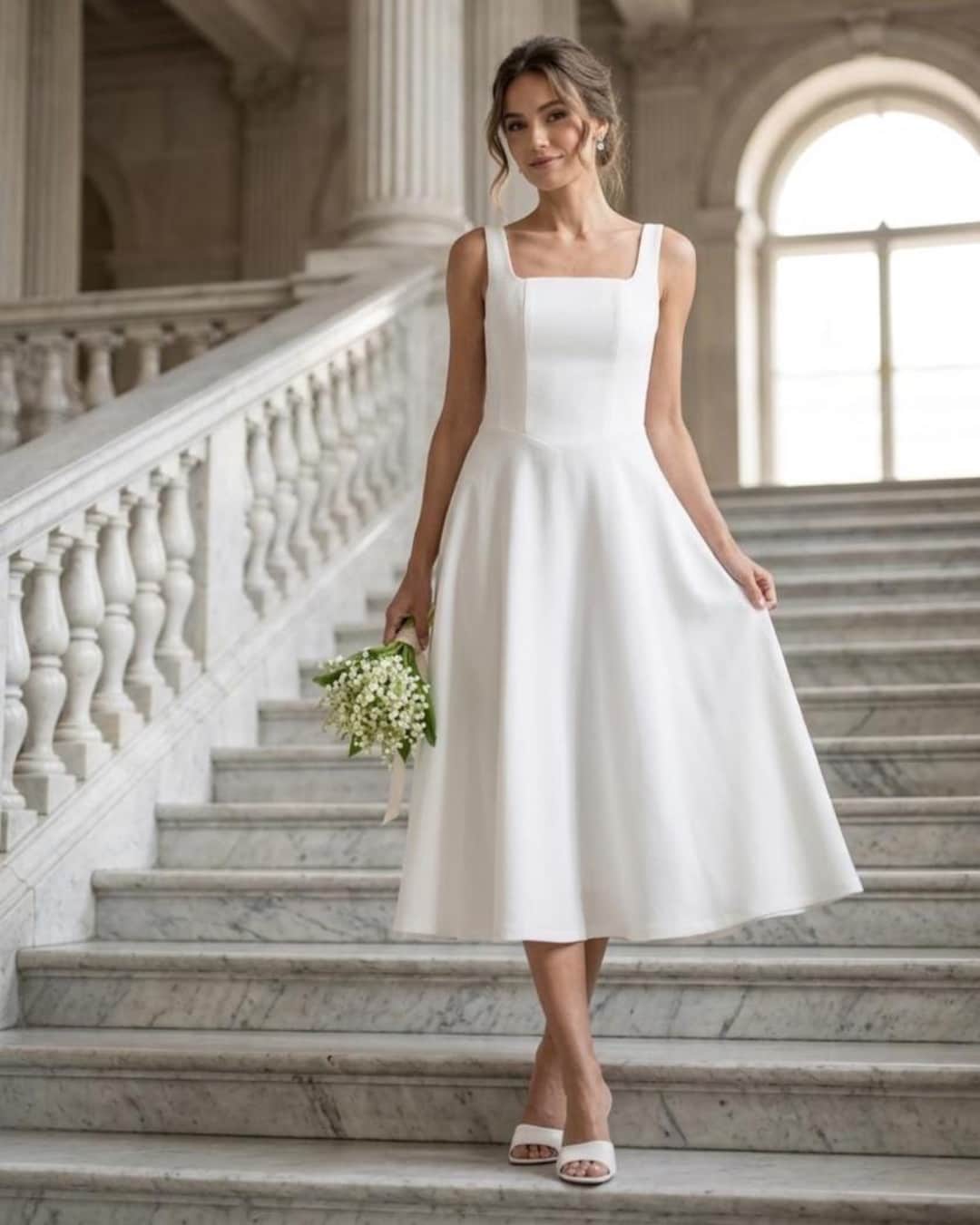 square neckline dress white Short Wedding Party with while the square neckline offers contemporary sophistication Milky White Civil Wedding Midi
