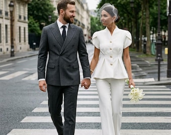 White Courthouse Wedding Two Piece Suit , Peplum Top , Flare Trousers , Bridal , Wedding Guest , XS to L