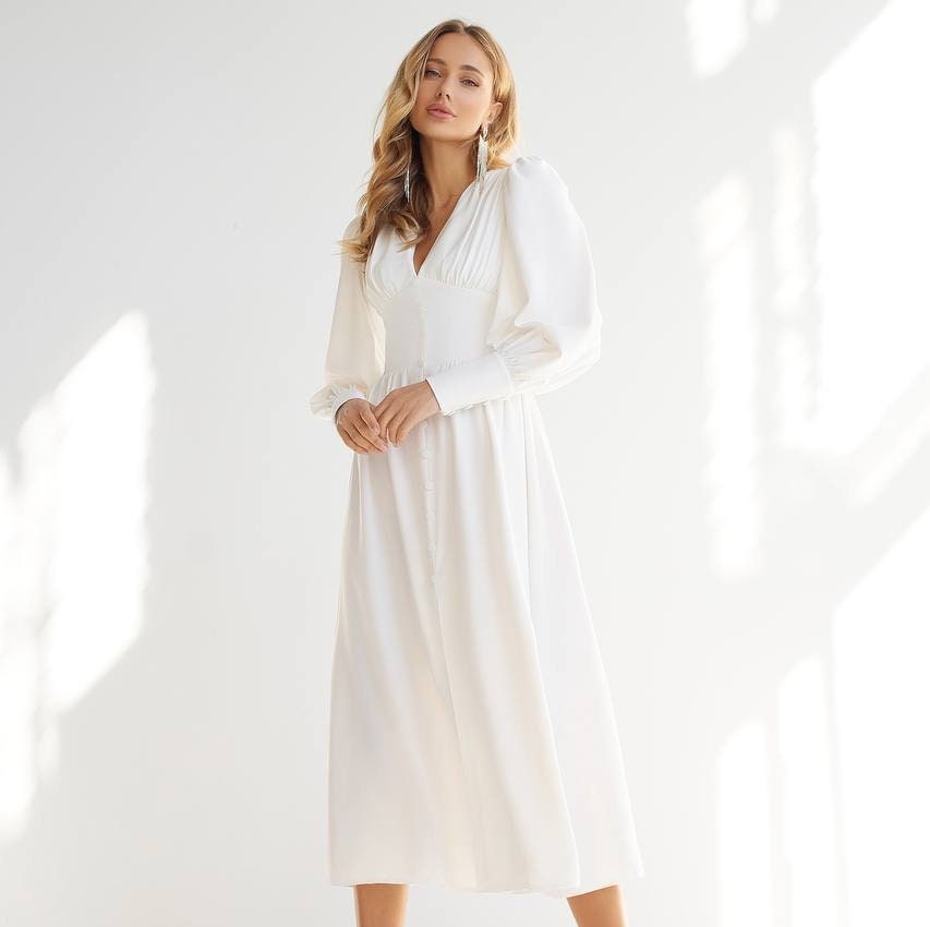 long sleeve white midi dress bridal White Satin Midi Dress, Long Sleeve open back, Bridal Outfit civil wedding or elopement