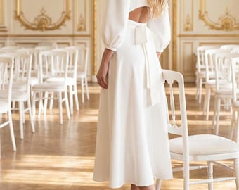 Romantic Midi Wedding Dress Milky Midi Dress with Puff Sleeves and Open Back Detail – Ideal for Weddings