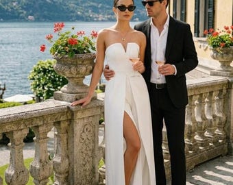 Modern White Bridal Jumpsuit with High Slits | Strapless Corset Wedding Outfit | Alternative Wedding Dress
