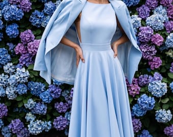 Light Blue Midi Formal Dress, Wedding Guest , Open Back A-Line Gown , Cocktail, Reception, Bridal Shower