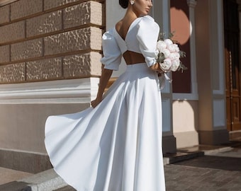Reception dress for bride , white midi dress, half sleeve open back dress