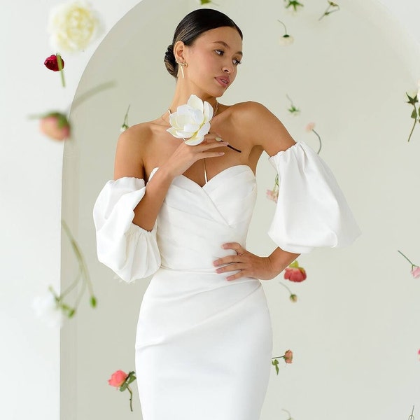 Civil wedding dress, white corset dress with detachable sleeves, reception dress