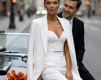 White 3-Piece Suit: Women's Bridal Wedding Ensemble
