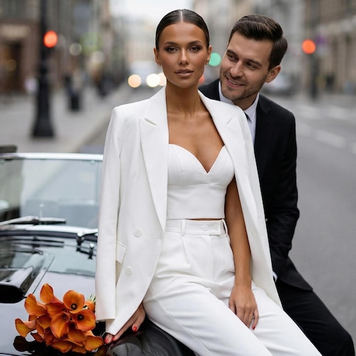 White 3-Piece Suit: Women's Bridal Wedding Ensemble White 3-Piece Suit: Women's Bridal Wedding Ensemble