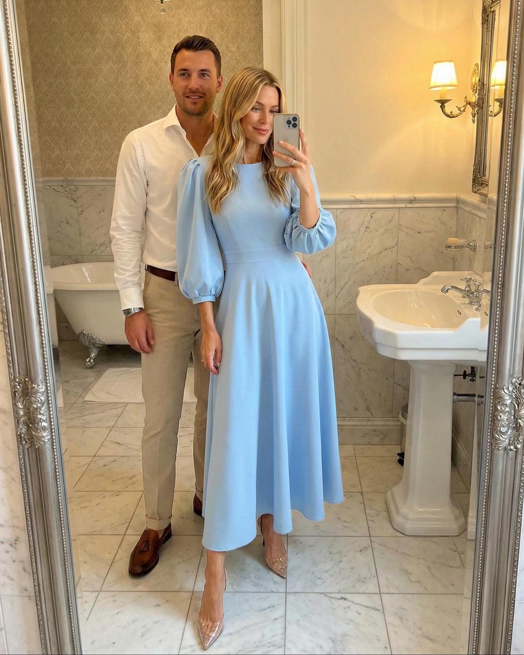 chinese dress ladies Sky Blue Beaded Evening Dresses Extra Long Sleeve High Neck Pageant Dr –  Viniodress main image 0