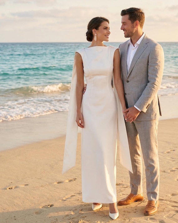 boat neck white maxi dress White Maxi Wedding Dress With Boat Neckline and Deep Open Back