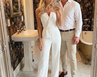 Eleganter weißer Brautoverall mit weitem Beinausschnitt Korsett-Jumpsuit für Hochzeit, Verlobung und Parties
