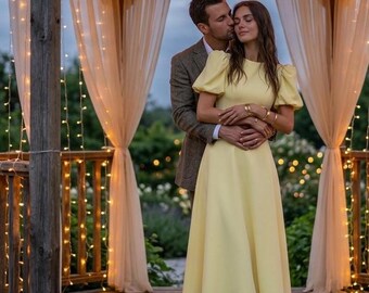 Yellow Puff Sleeve Midi Dress: Crepe, Summer Events, Garden Parties