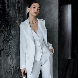 White 3-Piece Women&#39;s Suit: Bridal Vest & Straight Pants