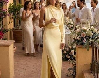 Pastel Yellow Satin Maxi Dress, One-Sleeve, High Slit, Italian Resort Gala Gown
