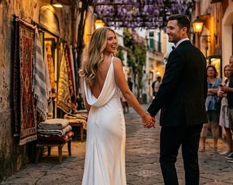 Cream Slip Dress Satin Floor Length Open Back , Cowl Neck Bridal Gown , Civil Ceremony Engagement