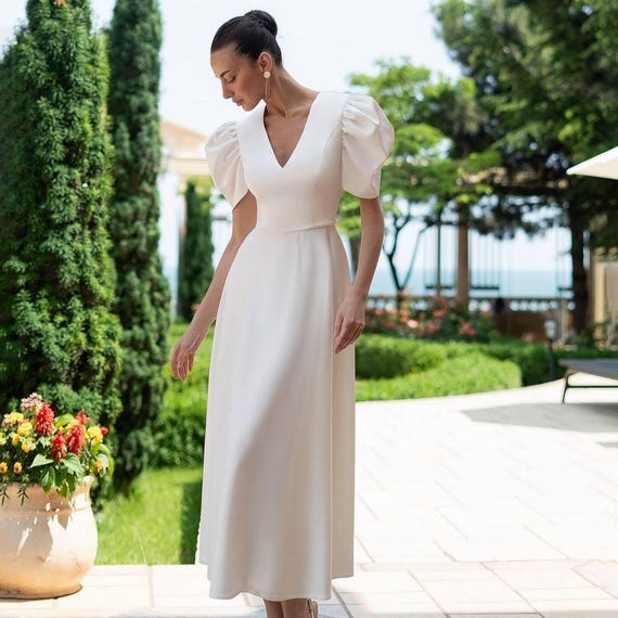 Rehearsal Dinner Dress White Midi Bridal Gown in Premium Satin with Structured Puff Sleeves and A Line Fit for Bridal or Elegant Event Style Rehearsal Dinner Dress White Midi Bridal Gown in Premium Satin With  Structured Puff Sleeves and A Line Fit for Bridal or Elegant Event Style -  Etsy