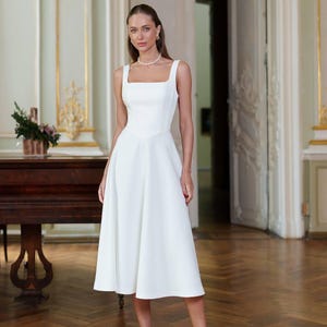 Summer civil wedding dress milky white midi square neckline dress in premium suit crepe for wedding guest cocktail or engagement outfit