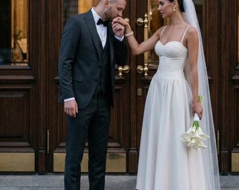 Courthouse Wedding White Midi Dress: Corset Bustier, Thin Straps, XS-L