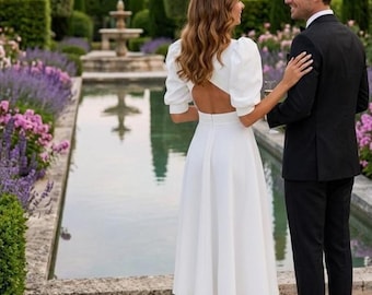 Reception White Midi Bridal Dress: Open Back Wedding Gown