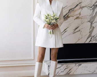White Bridal Short Blazer Dress, Cutout Power Shoulder Tuxedo Mini, Modern Civil Wedding Outfit