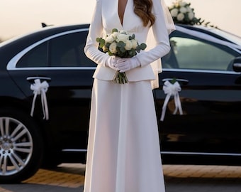 White wedding skirt suits — elegant jacket and midi skirt set