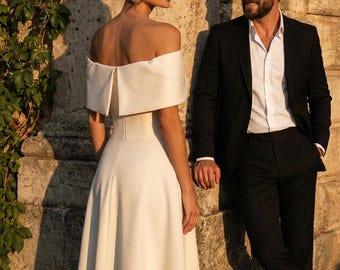 Cream Off-Shoulder Midi Dress: Romantic Bridal Elopement Gown