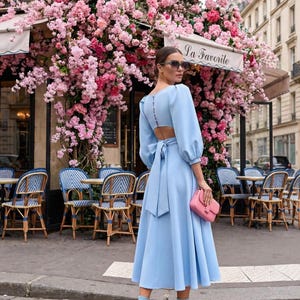 Sky blue wedding guest dress midi dress with puff sleeves and open back