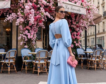 Sky Blue Midi Dress, Puff Sleeve Wedding Guest Dress, Elegant Tea Length Outfit for Ceremonies, Garden or Summer Weddings - Etsy Sky Blue Midi Dress, Puff Sleeve Wedding Guest Dress, Elegant Tea Length Outfit for Ceremonies, Garden or Summer Weddings - Etsy