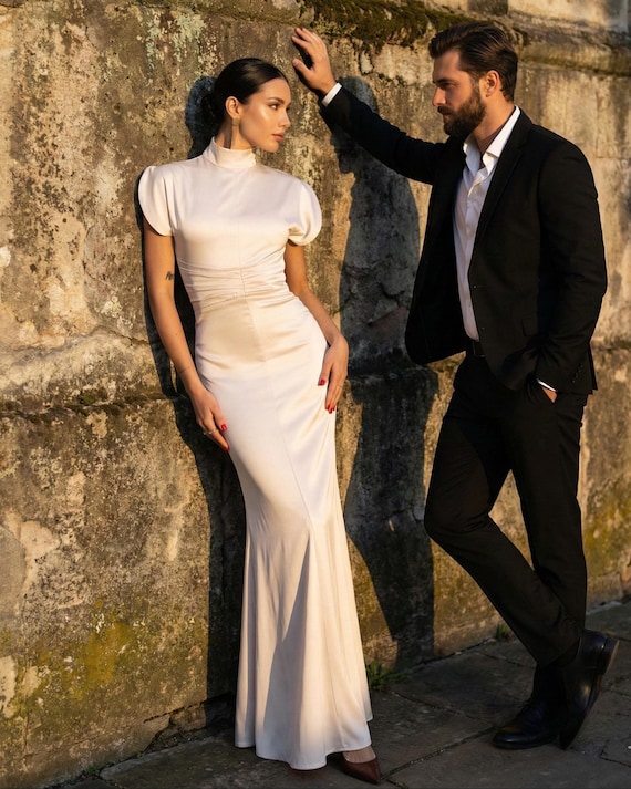 Beige Mango Satin Maxi Dress: Sculpted Waist, High Collar - Etsy