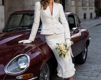 White Bridal Boucle Midi Skirt Suit, Fringe Ruffle Hem Shimmer Formal Wedding Guest XS to L