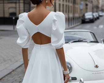 White Civil Wedding Bridal Dress: Open Back Midi Wedding Gown