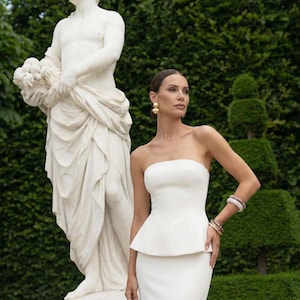 white long peplum dress Peplum Bridal Gown With Structured Fitted Skirt JB49072