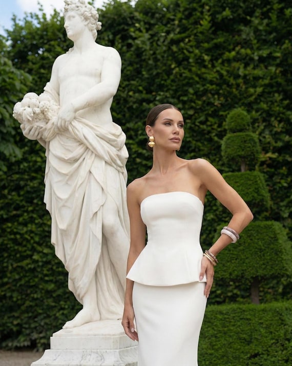 white peplum dress strapless Elegant White Skirt Suit Bandeau Peplum Top and Maxi Skirt,bridal shower, reception XS-L