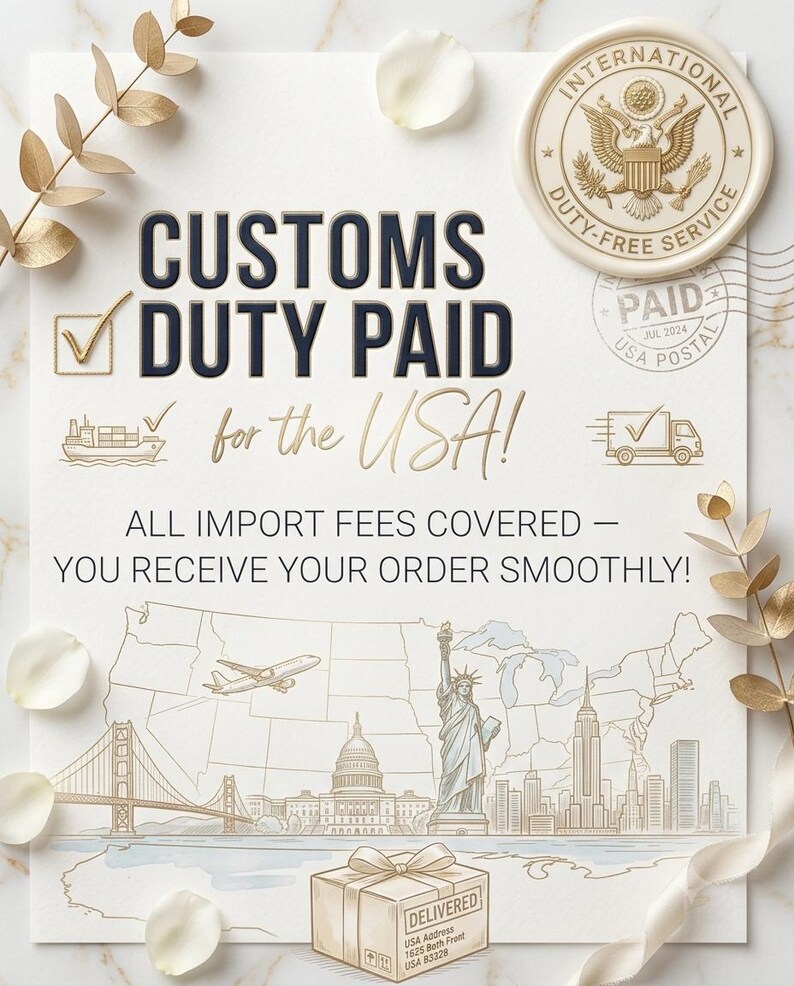 Puede incluir: Una tarjeta informativa blanca con el texto CUSTOMS DUTY PAID for the USA! e iconos de un barco, un cami&oacute;n y un mapa de los Estados Unidos que incluye la Estatua de la Libertad, el Capitolio y una caja de regalo con la etiqueta DELIVERED.