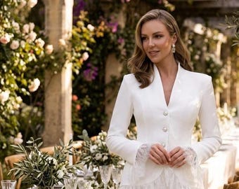 White Jacket Women , Bridal Jacket with Lace , Wedding Suit for Civil Ceremony and Bridal Shower