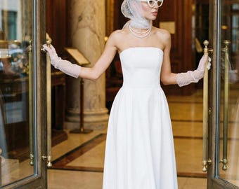 Elopement midi corset dress, simple tea length bridal gown for rehearsal dinner party