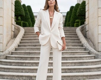 Wedding pantsuit women, androgynous wedding suit , bridal two piece suit with statement jacket and palazo pants