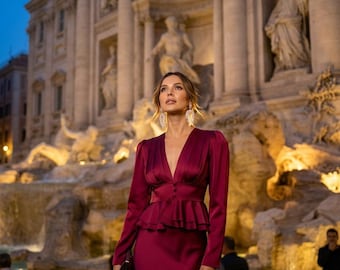 Burgundy Satin Skirt Suit , Wedding Guest Peplum Midi , V Neck , Long Sleeve , Gala , Theater , XS to L