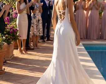 Satin Open Back Wedding Dress , White Backless Lace Up Maxi Gown for Civil Ceremony and Bridal