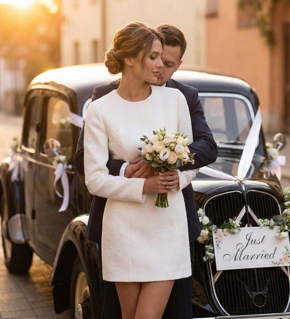 short dress winter wedding Elopement Tweed Mini Gown Long Sleeve Civil Ceremony Outfit Boho Dresses Sundress Mini sleevelength:Long Sleeves Back drop length (prices vary):34cm (shown) Our high