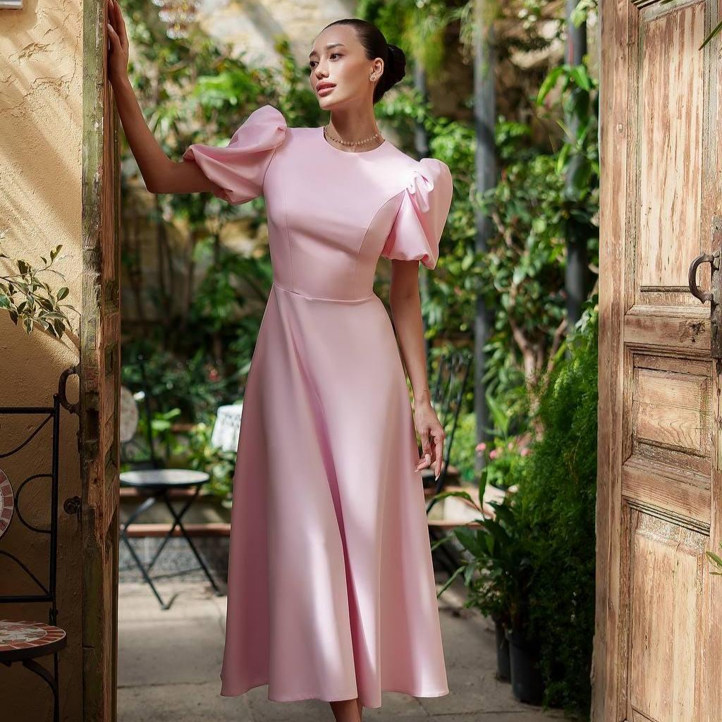 Pink Wedding Guest Dress Puff Sleeve Midi Dress in Elegant Premium Crepe  for Weddings Birthdays Garden Parties and Stylish Special Occasion - Etsy